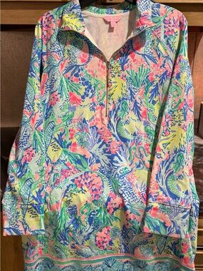 Lilly Pulitzer Neon Coral Pink, Blue & Green Tropical Print Pullover Dress